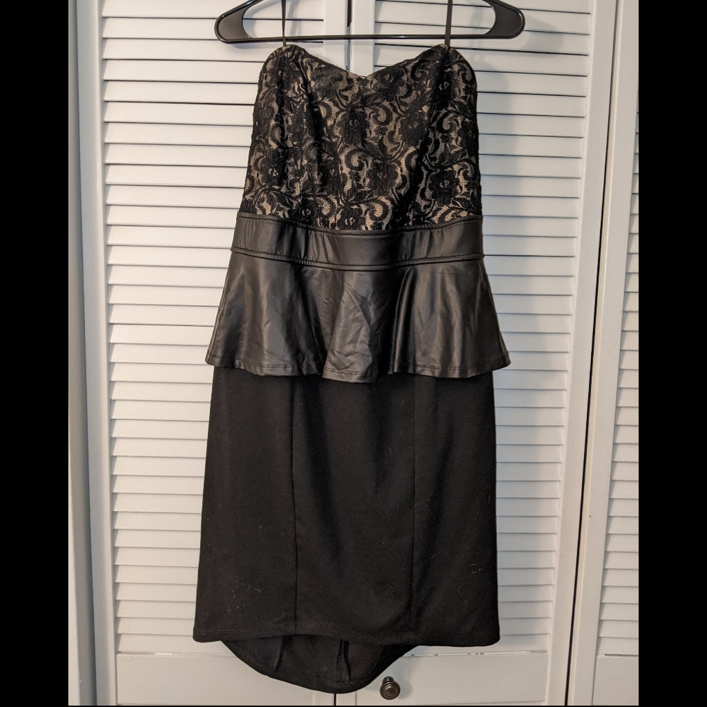 Black Lace Strapless Peplum Top Dress